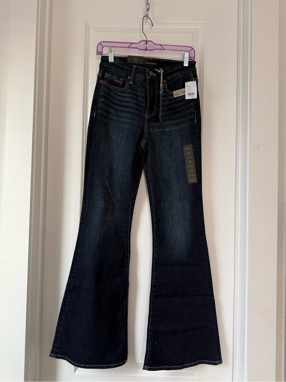 Buckle Dark Blue Flare Jeans - High Rise Wide Leg
